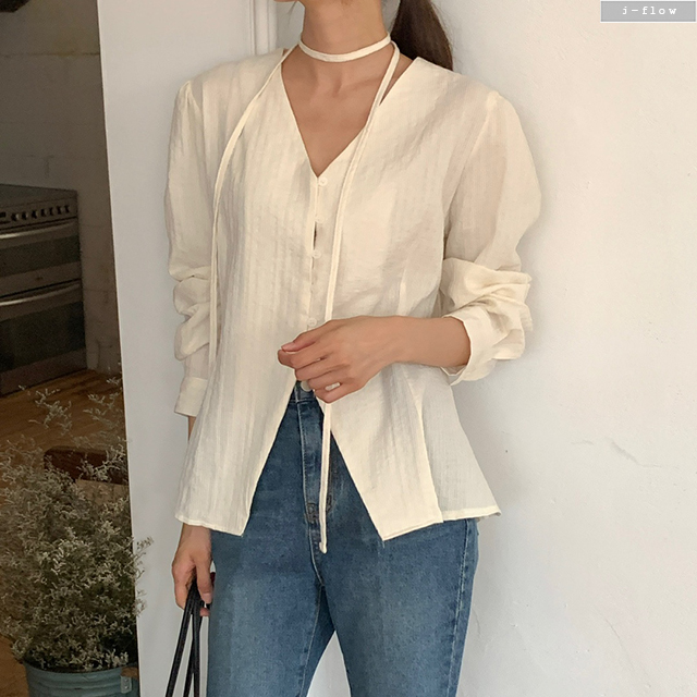 네페 브이넥 타이 자수 블라우스 2col 가을 봄 하객룩 페미닌 긴팔 제이플로우 - 상품 이미지