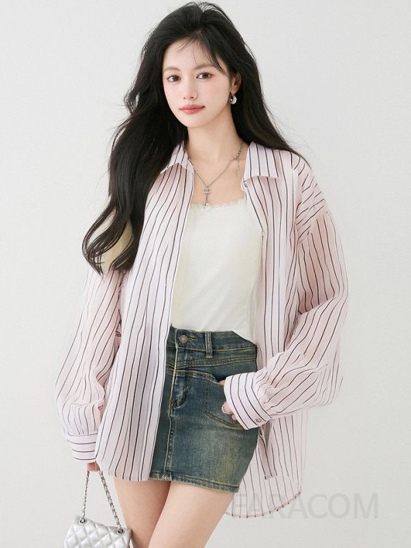 스트라이프 여성 셔츠 자켓 루즈핏 긴팔 캐주얼 라펠 디자인 가을용 구김없는 스타일리시한 데일리 아우터 - 상세 이미지 2