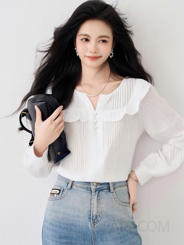 화이트 러플 긴팔 블라우스 여성 가을용 루즈핏 고급스러운 데일리 스타일링 쉬운 우아한 디자인 하객룩 코디 - 상세 이미지 5