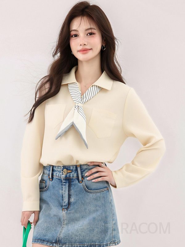 여성 긴팔 셔츠 가을 데일리 나비넥타이 블라우스 캐주얼 스타일 편안한 착용감 모던한 살구색 디자인 트렌디한 코디 아이템 - 상세 이미지 5