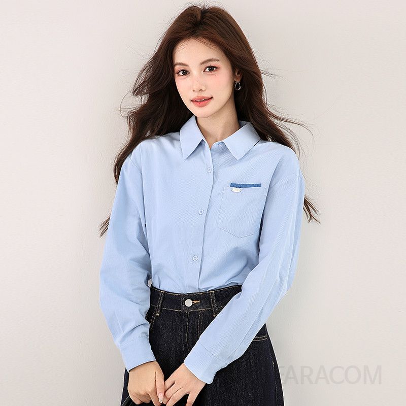 여성 순면 긴팔 캐주얼 셔츠 포켓 디자인 가을 오버핏 스타일 데일리 남방 편안한 착용감 심플한 컬러 매칭 - 상세 이미지 2