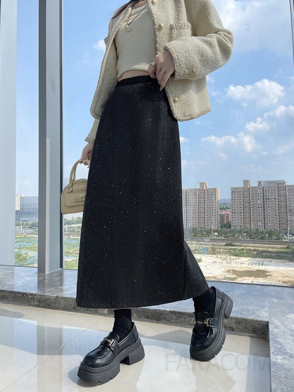 스팽글 광택 A라인 울 롱스커트 여성 가을 신상품 고급스러운 스타일 데일리룩 하객룩 추천 편안한 착용감 모던한 디자인 - 상세 이미지 2