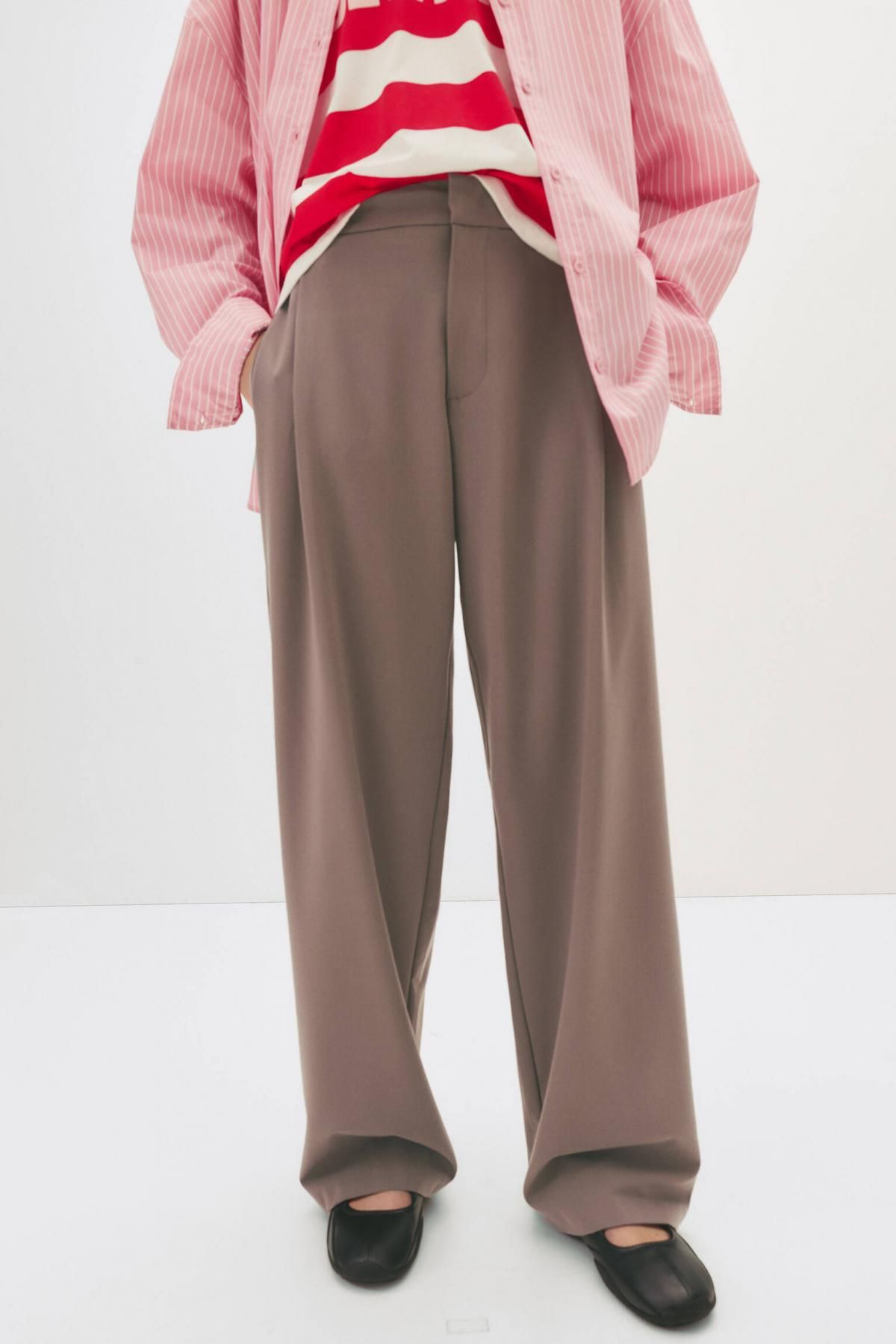 풀앤베어 플리츠 테일러드 와이드 팬츠 7675/350 BROWN - 상품 이미지