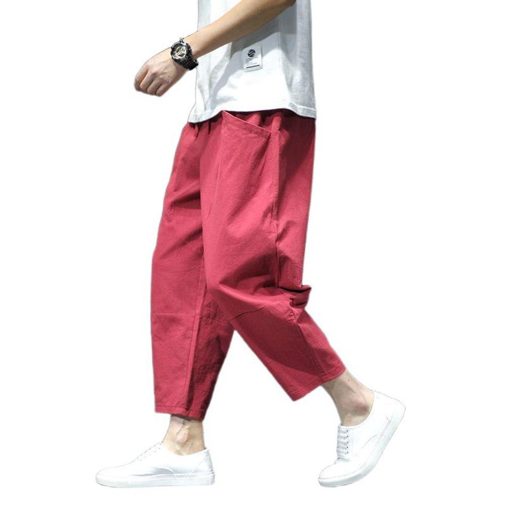 남자 8부 빅사이즈 밴딩 7부 남성용 고무줄 린넨 검은색 M - 상품 이미지