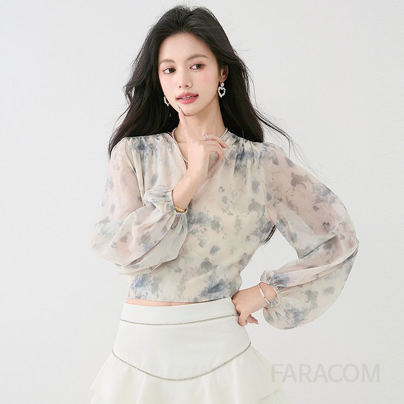 브이넥 쉬폰 블라우스 가을 여성용 프린트 셔츠 타이 허리 포인트 랜턴 슬리브 스타일리시한 캐주얼룩 데일리 착용감 편안한 디자인 - 상세 이미지 3