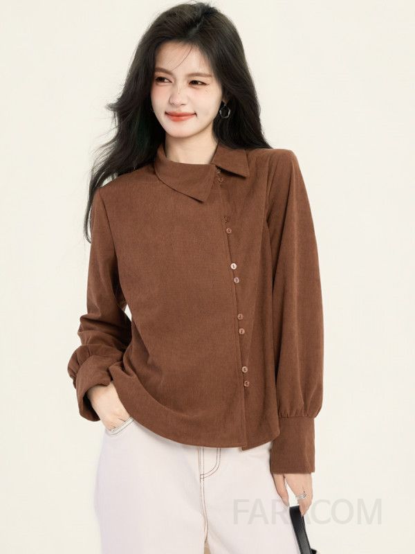 여성 코듀로이 긴팔 셔츠 레트로 스타일 가을 캐주얼 루즈핏 데일리 상의 편안한 착용감 불규칙 디자인 매력적인 외출용 - 상세 이미지 5