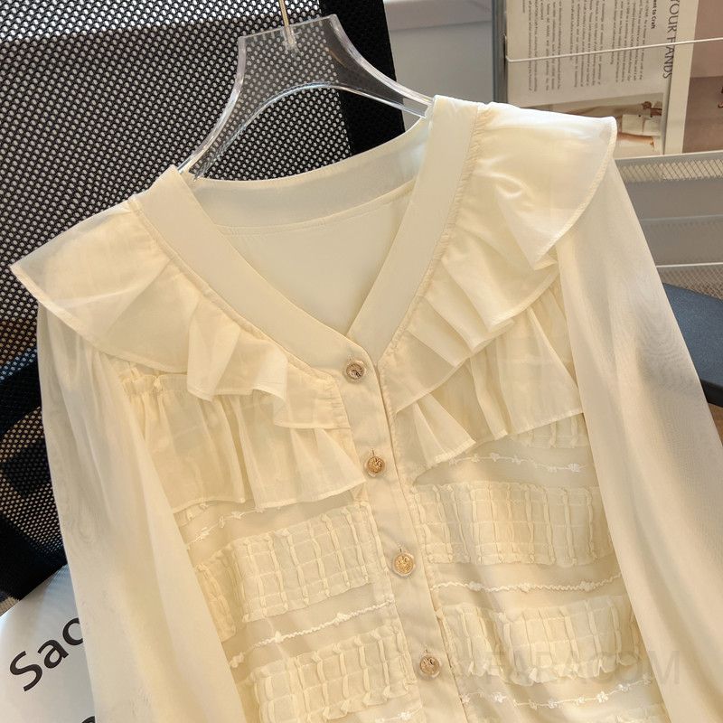 여성 쉬폰 블라우스 봄 가을 V넥 스타일 데일리 캐주얼 탑 시스루 디자인 편안한 착용감의 세련된 외출룩 - 상세 이미지 2
