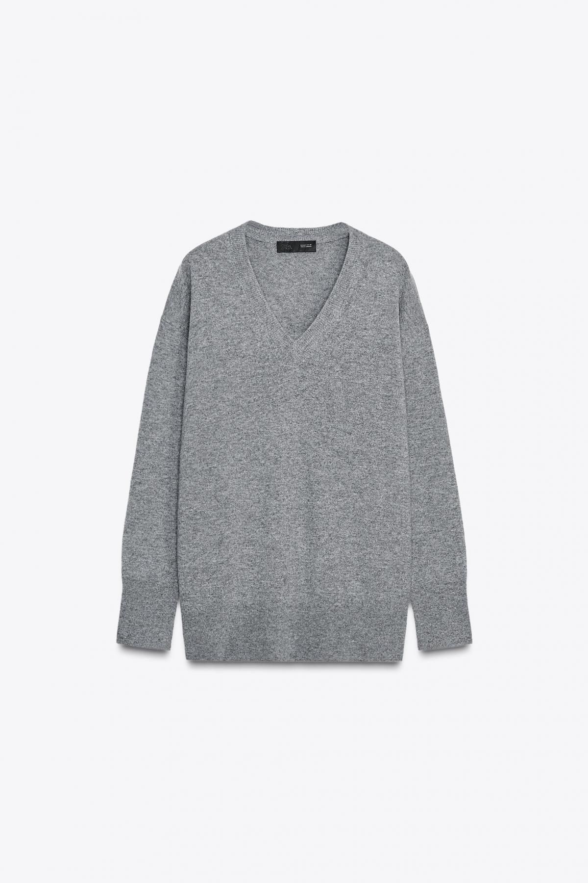 자라 오버사이즈 울 100 브이넥 니트 스웨터 2893/115 MID-GREY - 상품 이미지