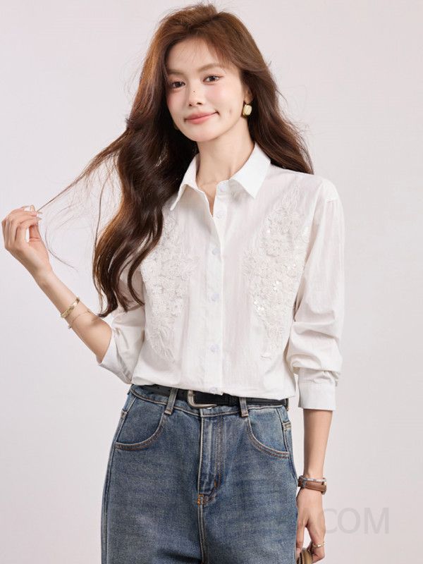 긴팔 여성 블라우스 가을용 단색 라펠 디자인 고급스러운 셔츠 스타일 스팽글 장식 캐주얼 데일리룩 편안한 착용감 빈티지한 매력 - 상세 이미지 5