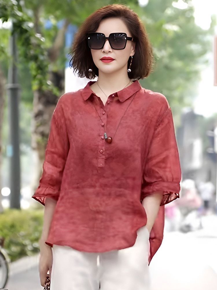 중년 여성 7부 마담 칠부 블라우스 루즈핏 미시옷 빅사이즈 면마 티셔츠 의류 자켓 버밀리언레드 XL 50~57.5kg - 상품 이미지
