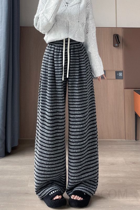 여성 하이웨이스트 와이드팬츠 가을 스트라이프 드레이프 스타일 편안한 캐주얼 바지 트렌디한 데일리룩 스트레이트 핏 외출용 - 상세 이미지 5
