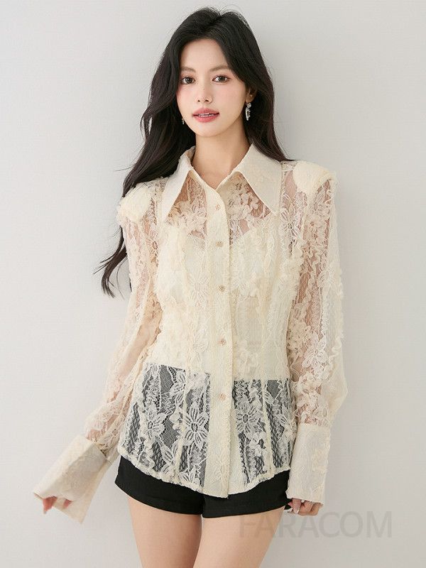 레이스 플레어 긴팔 셔츠 여성 가을용 루즈핏 블라우스 프렌치 스타일 시스루 디자인 고급스러운 데일리 착용감 편안한 - 상세 이미지 5