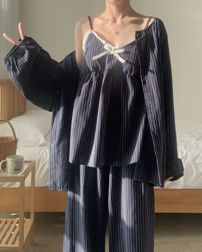 커플 잠옷 긴팔 레오 3피스 캡내장 노브라 잠옷세트 가을 : 굿뉴잇