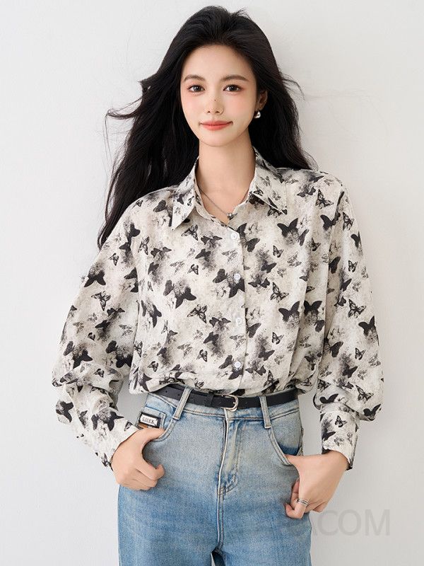 여성 쉬폰 루즈핏 블라우스 가을 긴팔 나비프린트 빈티지 디자인 캐주얼 스타일 데일리 착용감 편안한 외출용 셔츠 - 상세 이미지 4
