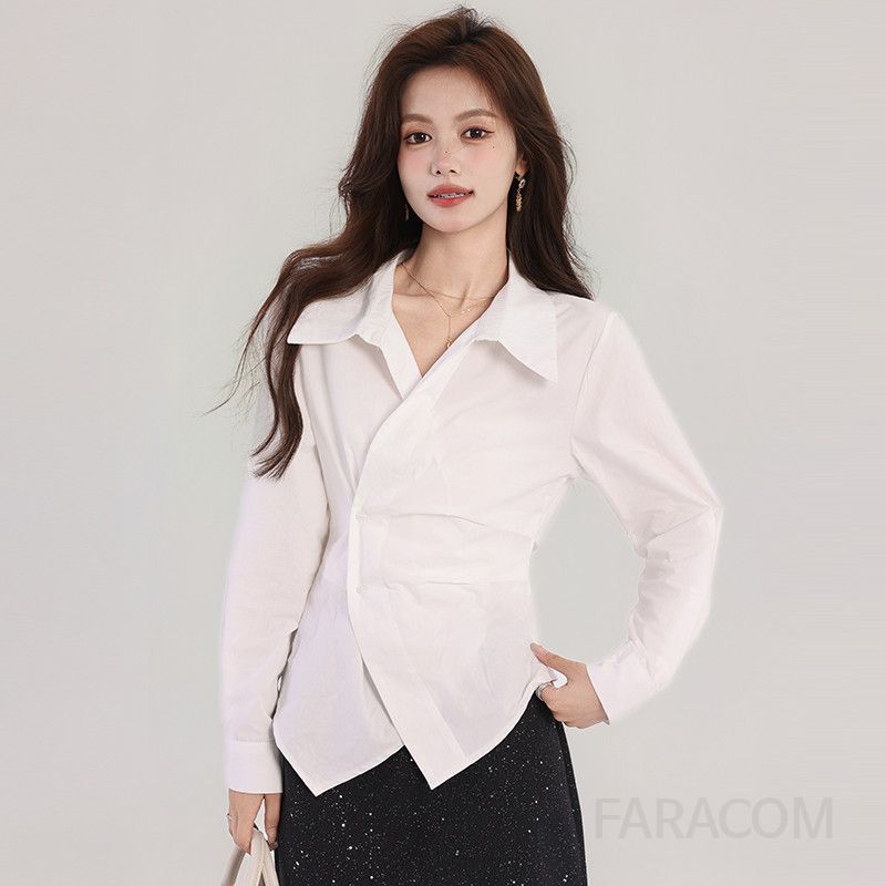 여성 링클프리 비대칭 디자인 코튼 셔츠 가벼운 통근용 긴팔 블라우스 성숙한 스타일의 데일리 패션 아이템 - 상세 이미지 3