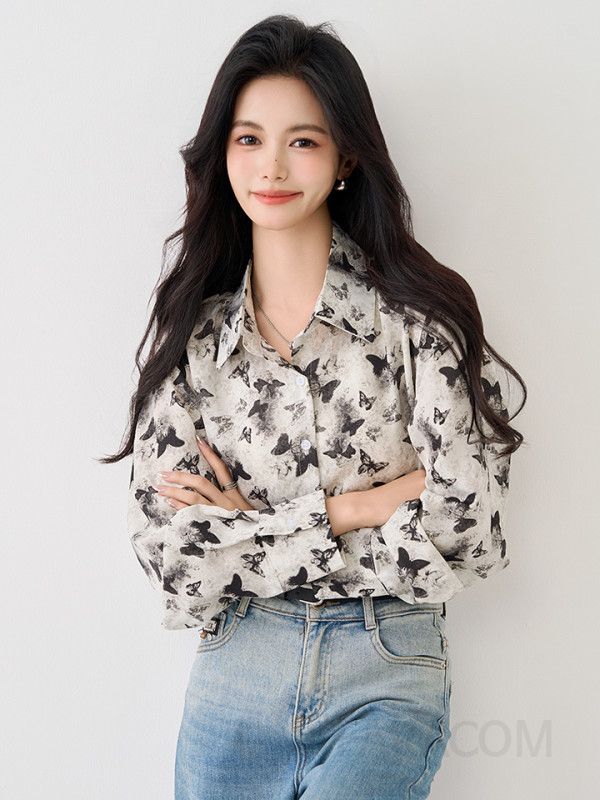 여성 쉬폰 루즈핏 블라우스 가을 긴팔 나비프린트 빈티지 디자인 캐주얼 스타일 데일리 착용감 편안한 외출용 셔츠 - 상세 이미지 5