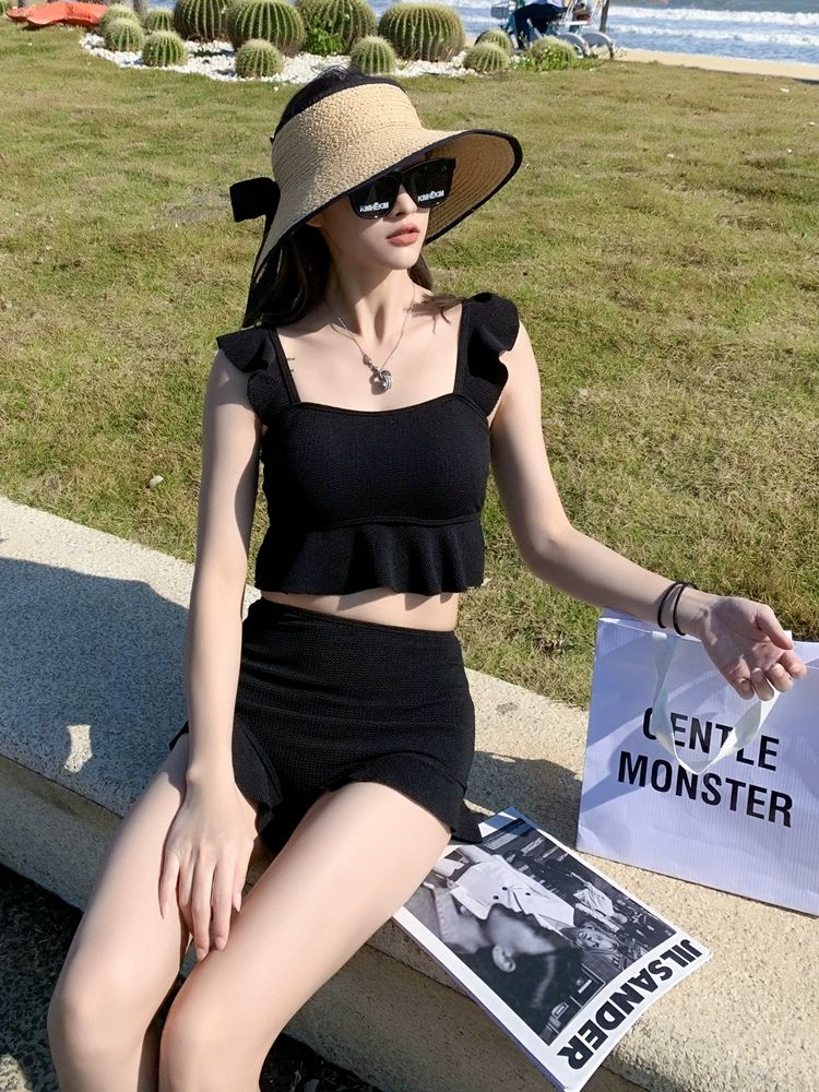 투피스수영복 반팔비키니 커버업 여름 호캉스 바캉스 여성용 청회색 비키니수영복 체형 해외여행 블랙 M 37.5~47.5kg - 상세 이미지 3