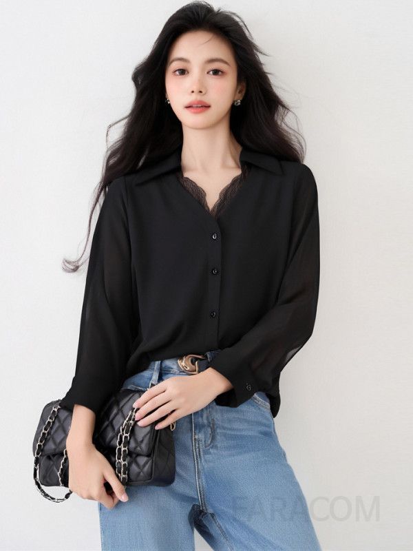 우아한 블랙 레이스 스티칭 여성용 루즈핏 긴팔 블라우스 가을 데일리 라운드넥 스타일 캐주얼한 착용감 고급스러운 레트로 디자인 - 상세 이미지 2