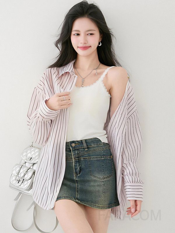 스트라이프 여성 셔츠 자켓 루즈핏 긴팔 캐주얼 라펠 디자인 가을용 구김없는 스타일리시한 데일리 아우터 - 상세 이미지 5