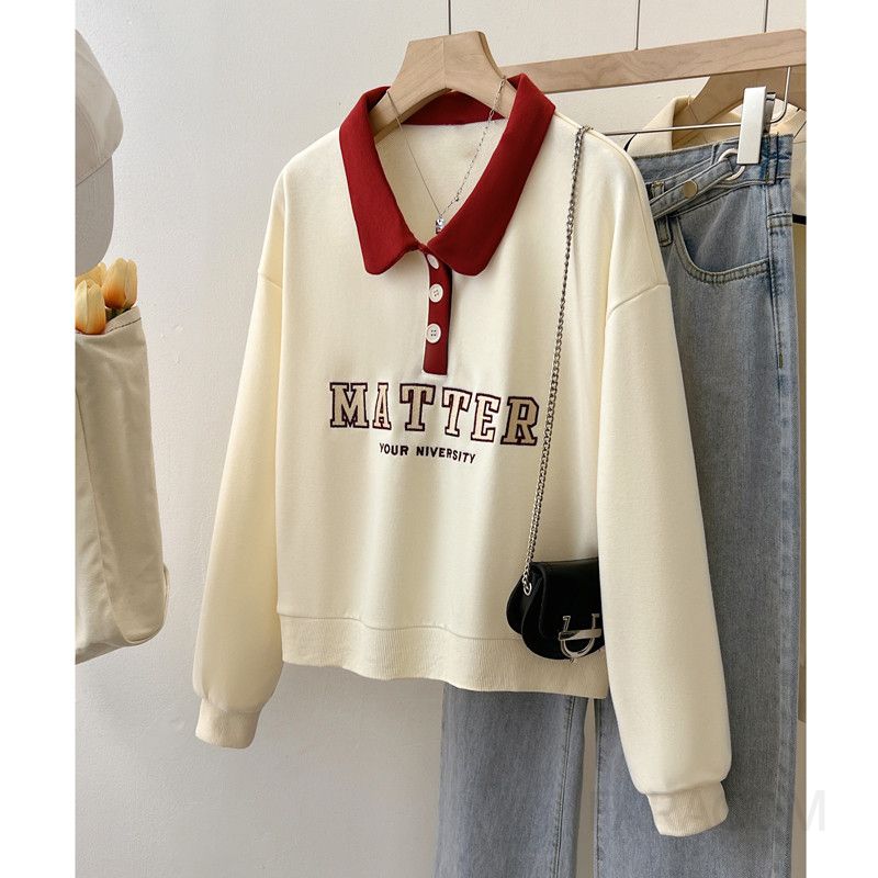 여성 긴팔 루즈핏 스웨터 가을용 살구색 폴로칼라 프린트 디자인 데일리 캐주얼 스타일 편안한 착용감 레이어드용 상의 - 상세 이미지 2