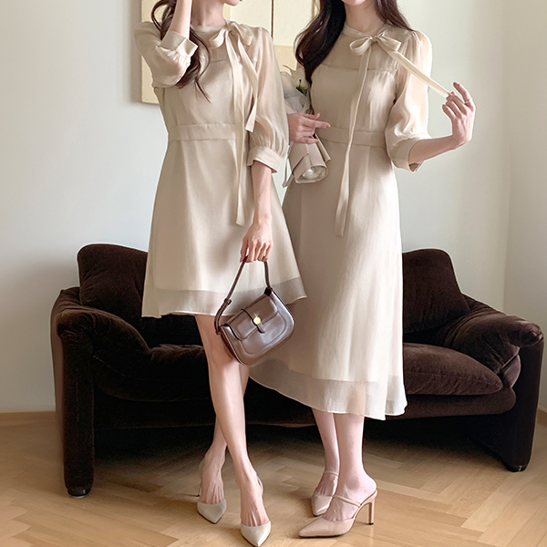 시스루 쉬폰 리본 스트랩 2기장 롱 원피스 하객룩 op16189