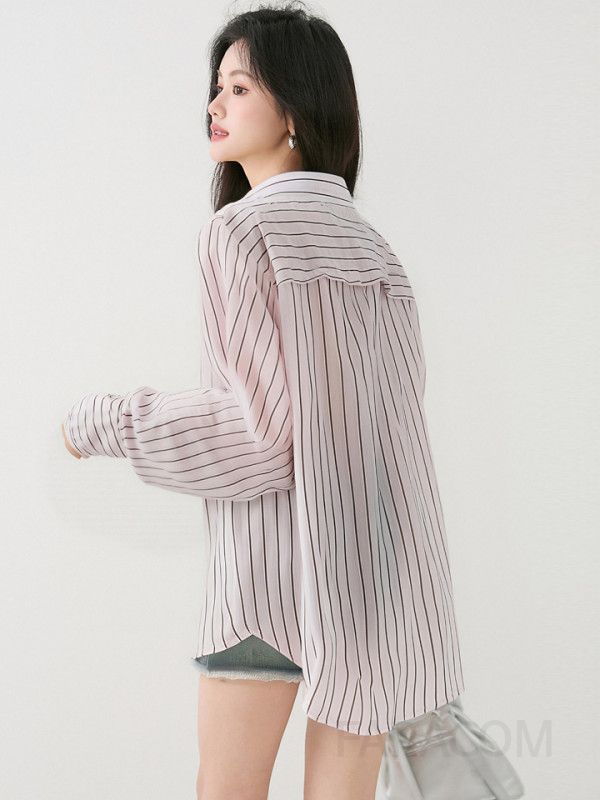스트라이프 여성 셔츠 자켓 루즈핏 긴팔 캐주얼 라펠 디자인 가을용 구김없는 스타일리시한 데일리 아우터 - 상세 이미지 4