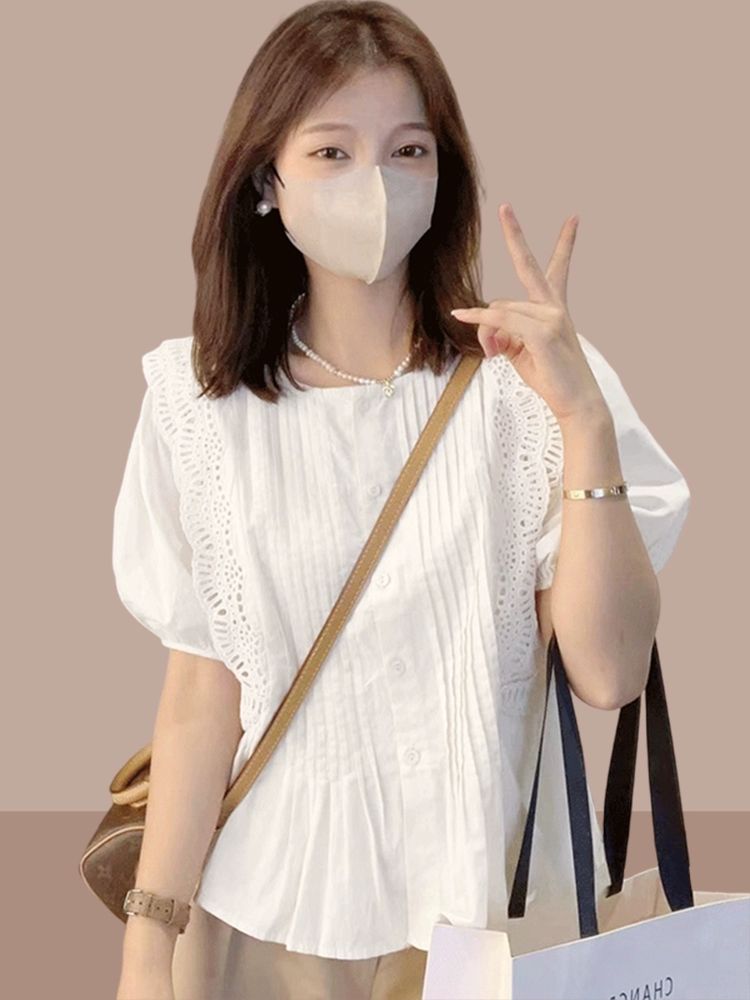 퍼프 블라우스 펀칭 시어서커 아일렛 시스루 에스닉 스퀘어넥 어깨 브이넥 프릴 여름 슬림핏 화이트 M - 상품 이미지