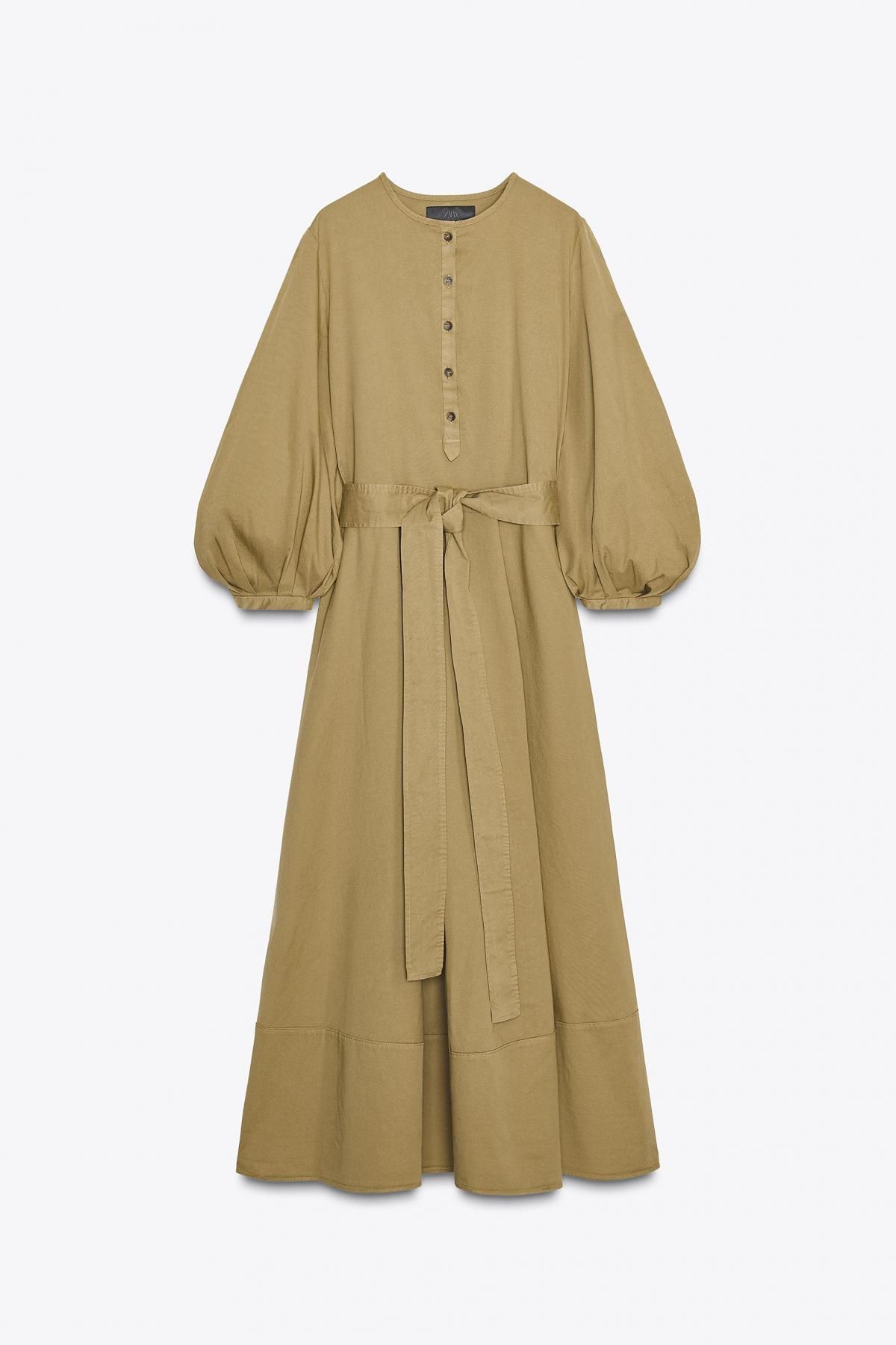 자라 코튼 블렌드 벨트 플레어 미디 셔츠 원피스 2183/249 KHAKI - 메인 이미지