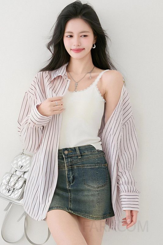 스트라이프 여성 셔츠 자켓 루즈핏 긴팔 캐주얼 라펠 디자인 가을용 구김없는 스타일리시한 데일리 아우터 - 상세 이미지 5