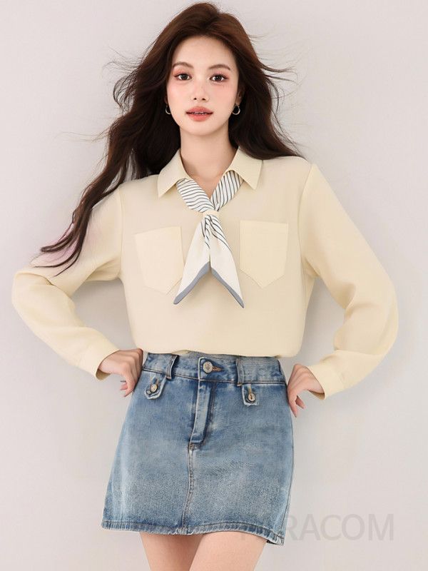 여성 긴팔 셔츠 가을 데일리 나비넥타이 블라우스 캐주얼 스타일 편안한 착용감 모던한 살구색 디자인 트렌디한 코디 아이템 - 상세 이미지 2
