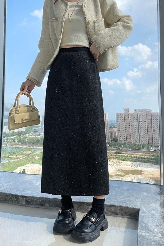 스팽글 광택 A라인 울 롱스커트 여성 가을 신상품 고급스러운 스타일 데일리룩 하객룩 추천 편안한 착용감 모던한 디자인 이미지 6