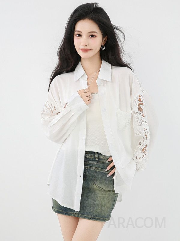 레이스 패치워크 루즈핏 라운드넥 여성 가을 블라우스 빈티지 스타일 긴팔 셔츠 여성스러운 디자인 하객룩 코디 이상적인 데일리웨어 - 상세 이미지 2