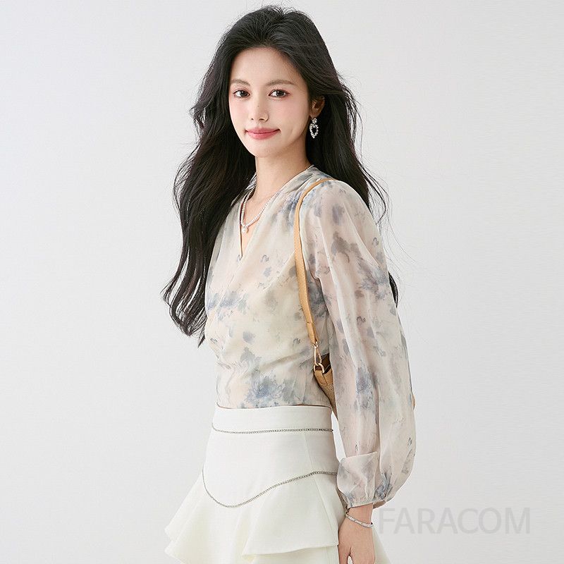브이넥 쉬폰 블라우스 가을 여성용 프린트 셔츠 타이 허리 포인트 랜턴 슬리브 스타일리시한 캐주얼룩 데일리 착용감 편안한 디자인 - 상품 이미지