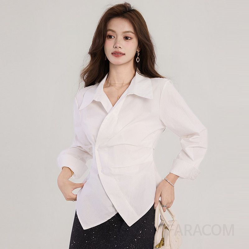 여성 링클프리 비대칭 디자인 코튼 셔츠 가벼운 통근용 긴팔 블라우스 성숙한 스타일의 데일리 패션 아이템 - 상품 이미지