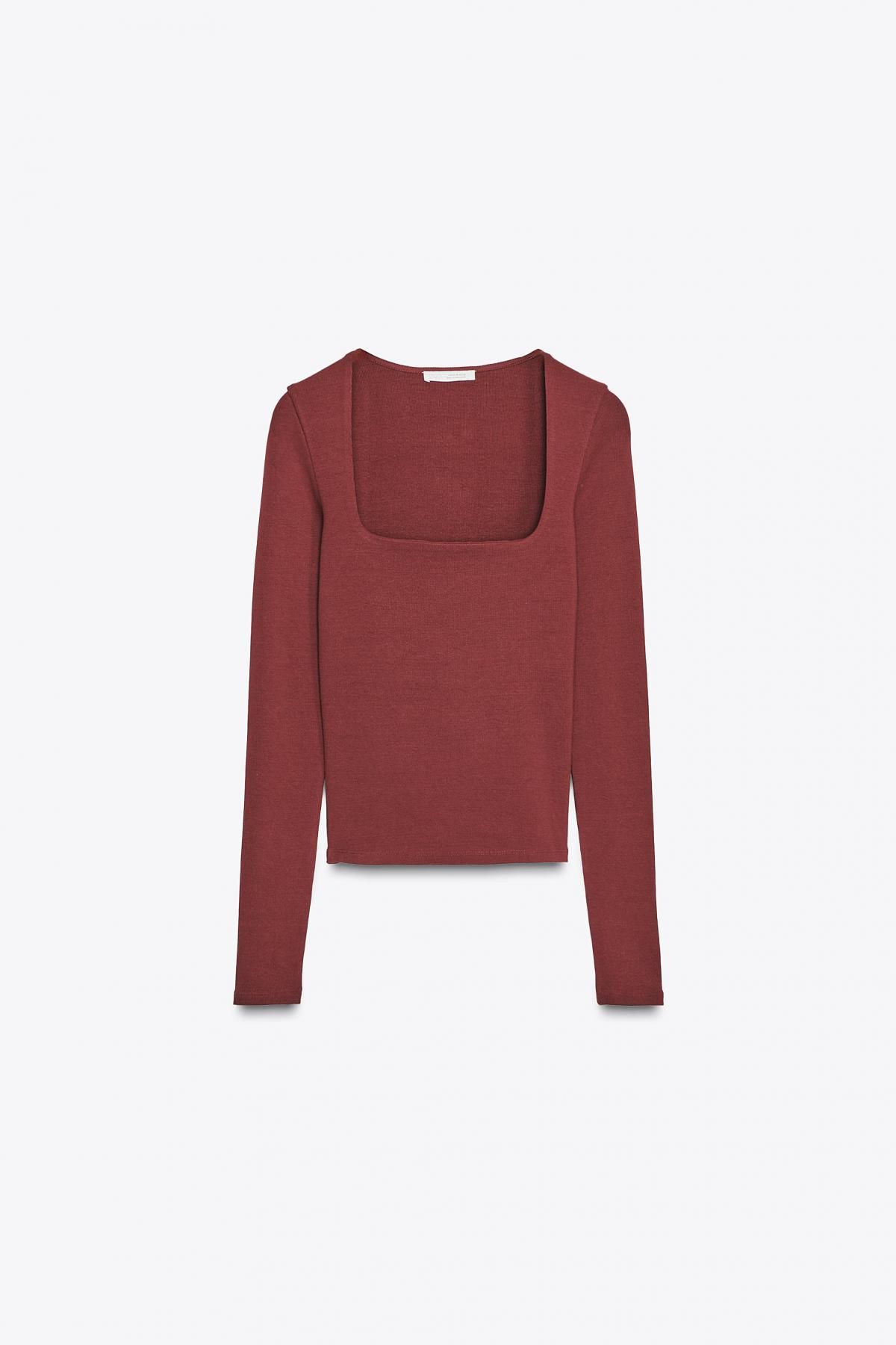자라 골지 스퀘어넥 슬림핏 긴팔 티셔츠 4424/800 BURGUNDY - 메인 이미지