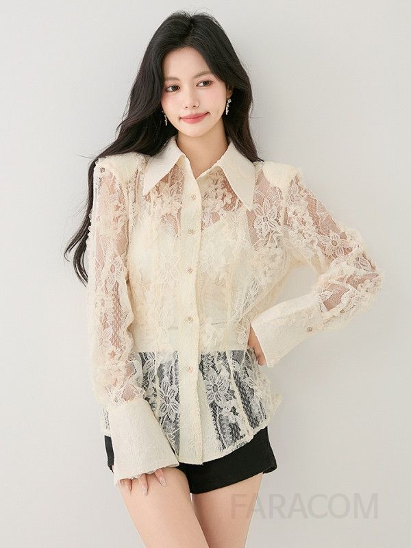 레이스 플레어 긴팔 셔츠 여성 가을용 루즈핏 블라우스 프렌치 스타일 시스루 디자인 고급스러운 데일리 착용감 편안한 - 상세 이미지 4