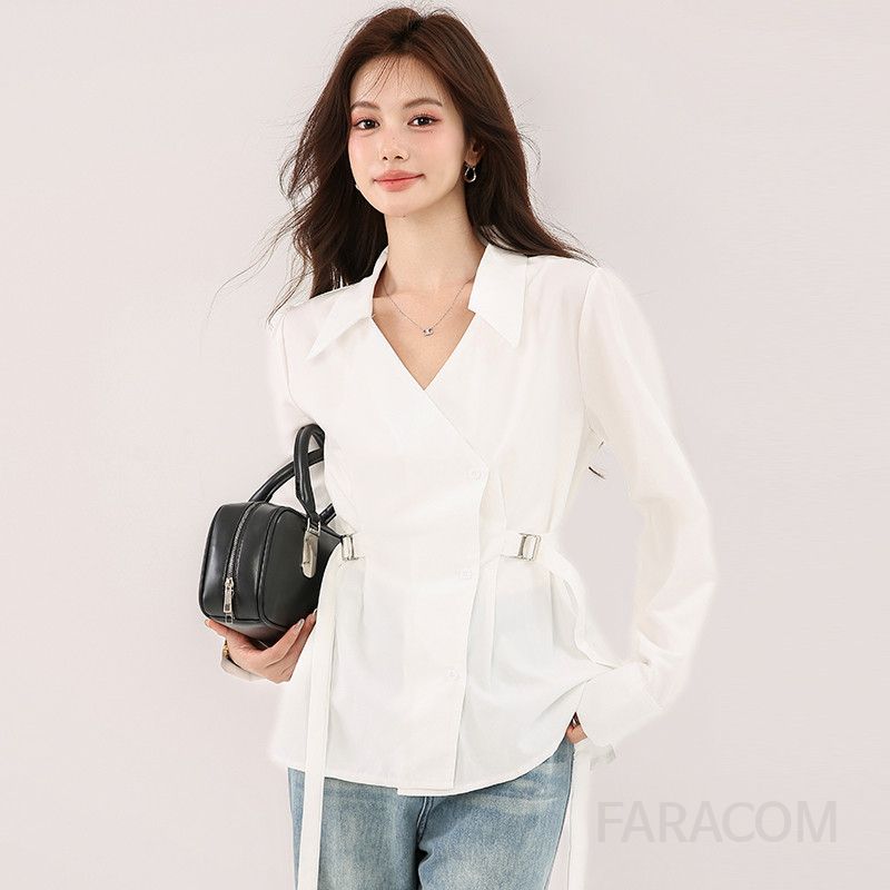 여성 브이넥 레이스 긴팔 블라우스 가을 슬림핏 캐주얼 스타일 데일리 패션 다용도 셔츠 세련된 디자인 편안한 착용감