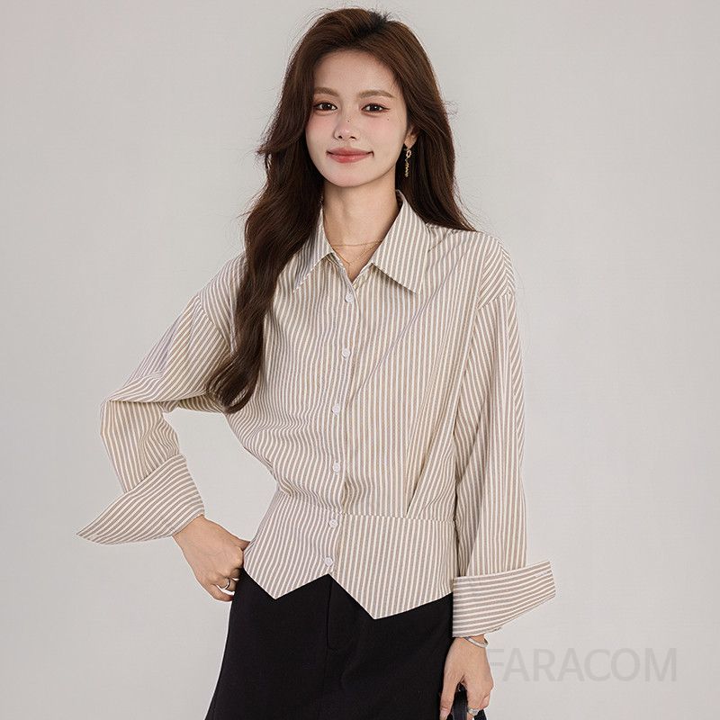 여성 허리 스트라이프 셔츠 직장인 슬릿 디자인 봄 가을용 데일리 캐주얼 편안한 착용감 통근용 상의 모던한 스타일 - 상품 이미지