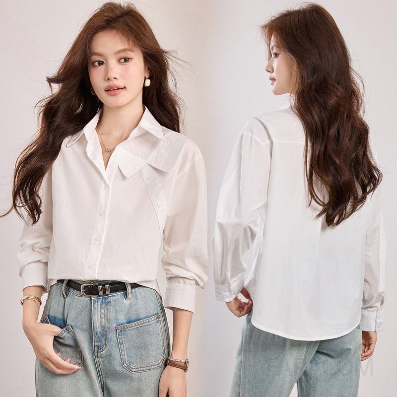 여성 코튼 긴팔 셔츠 화이트 캐주얼 오버핏 가을용 구김없는 디자인 데일리 착용감 편안한 스타일 - 메인 이미지
