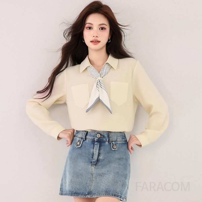 여성 긴팔 셔츠 가을 데일리 나비넥타이 블라우스 캐주얼 스타일 편안한 착용감 모던한 살구색 디자인 트렌디한 코디 아이템 - 상품 이미지