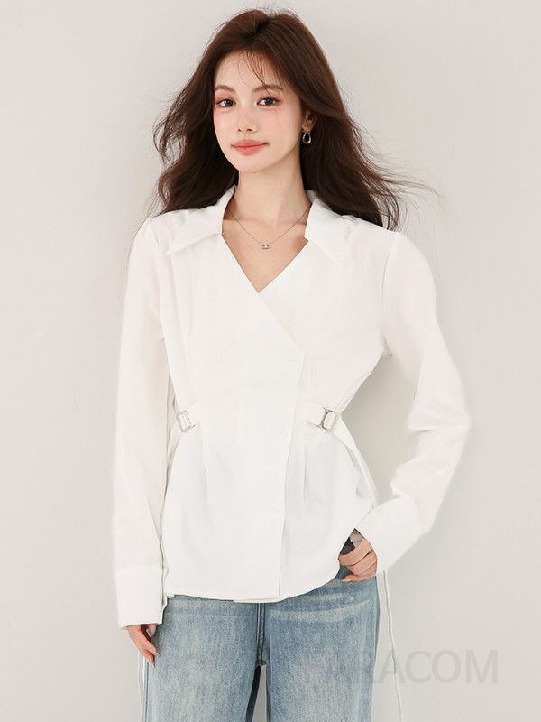 여성 브이넥 레이스 긴팔 블라우스 가을 슬림핏 캐주얼 스타일 데일리 패션 다용도 셔츠 세련된 디자인 편안한 착용감 - 상세 이미지 3