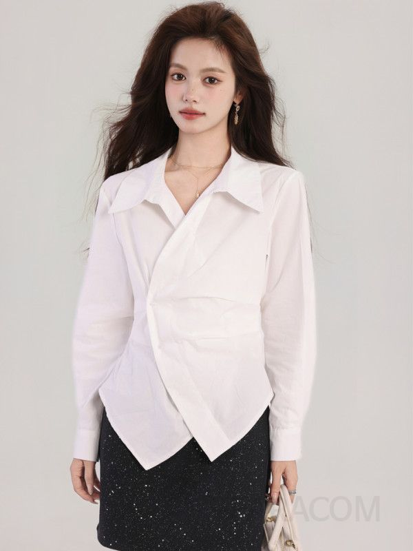 여성 링클프리 비대칭 디자인 코튼 셔츠 가벼운 통근용 긴팔 블라우스 성숙한 스타일의 데일리 패션 아이템 - 상세 이미지 5