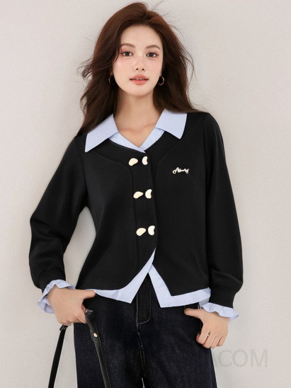 루즈핏 긴팔 가디건 여성용 컬리지 스타일 대비 컬러 가을 간절기용 데일리 캐주얼 자켓 세트 스타일리시한 코디 아이템 - 상세 이미지 3