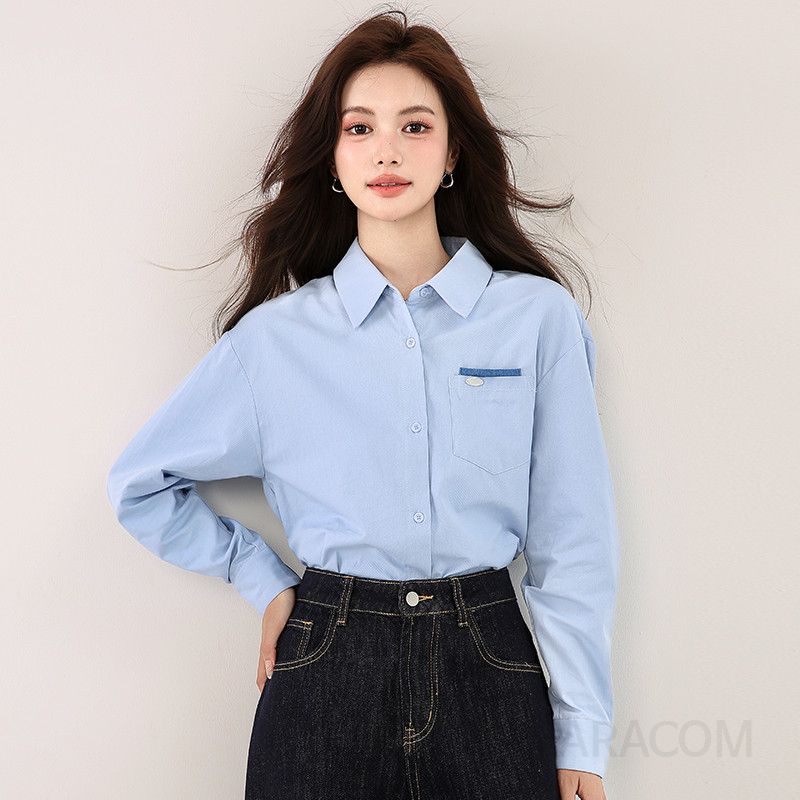 여성 순면 긴팔 캐주얼 셔츠 포켓 디자인 가을 오버핏 스타일 데일리 남방 편안한 착용감 심플한 컬러 매칭 - 상세 이미지 3