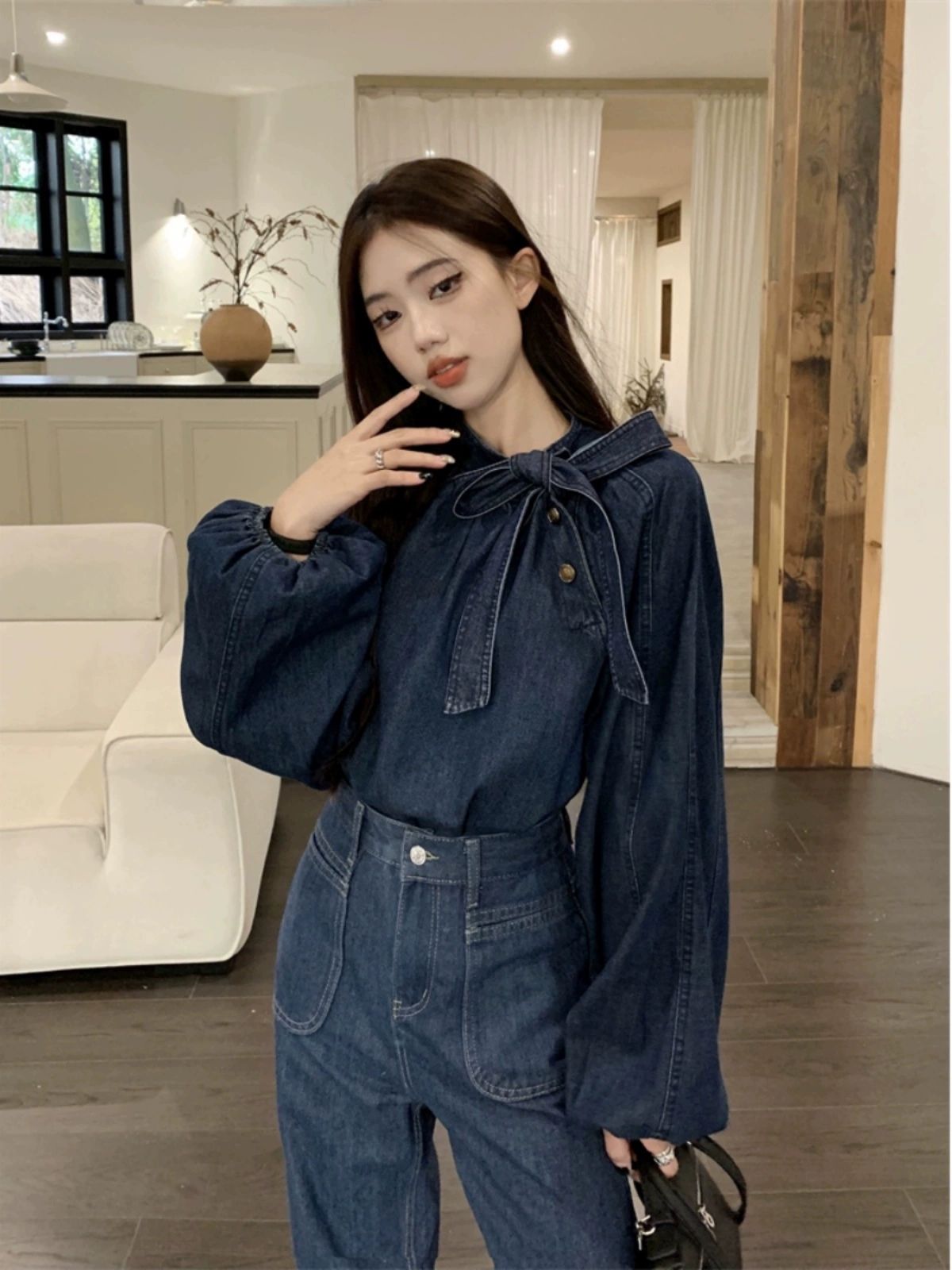 리본 데님 셔츠 하의 긴바지 퍼프 컬렉션 블라우스 루즈핏 상의 청남방 여성용 복고풍 데님 셔츠 S - 상세 이미지 4