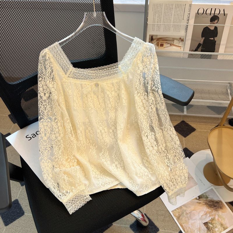 여성 스퀘어넥 긴팔 셔츠 레이스 디테일 가을 블라우스 루즈핏 데일리 스타일링 빈티지 감성 프렌치 캐주얼 탑