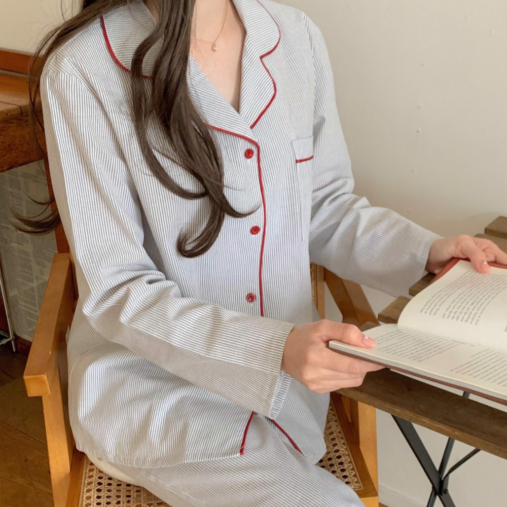 순면잠옷 커플파자마 신혼부부잠옷 가을 긴팔 스트라이프 크리스마스 홈웨어 세트 - 상세 이미지 3