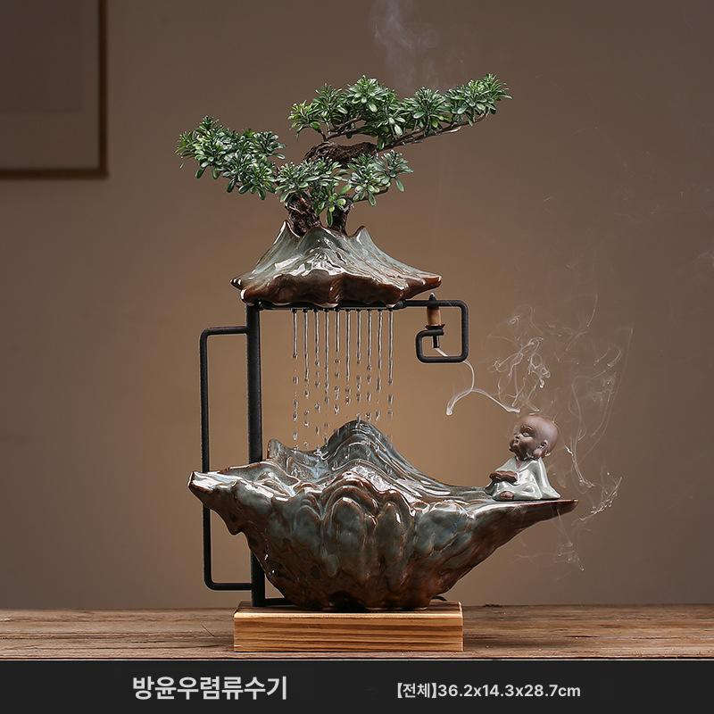 물흐르는분수 실내 도자기 분수대 거실 사무실 인테리어장식 개업선물 무드등 천연가습기 연꽃 등나무 조명-명상하는 작은 스님 이미지 6