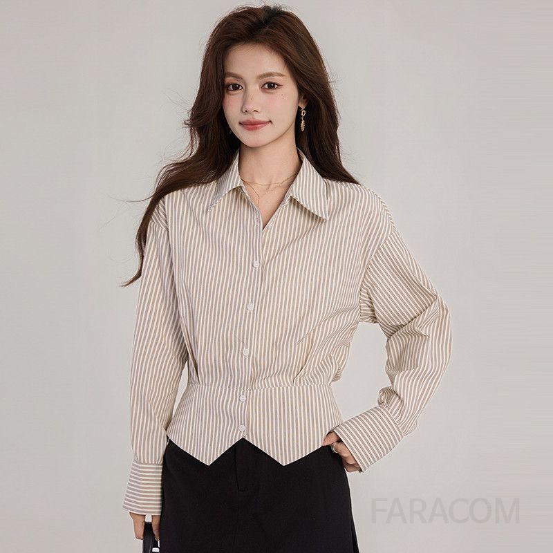 여성 허리 스트라이프 셔츠 직장인 슬릿 디자인 봄 가을용 데일리 캐주얼 편안한 착용감 통근용 상의 모던한 스타일 - 상세 이미지 3
