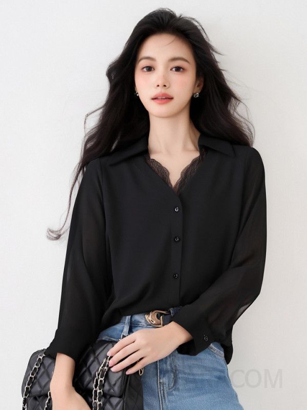 우아한 블랙 레이스 스티칭 여성용 루즈핏 긴팔 블라우스 가을 데일리 라운드넥 스타일 캐주얼한 착용감 고급스러운 레트로 디자인 - 상세 이미지 5
